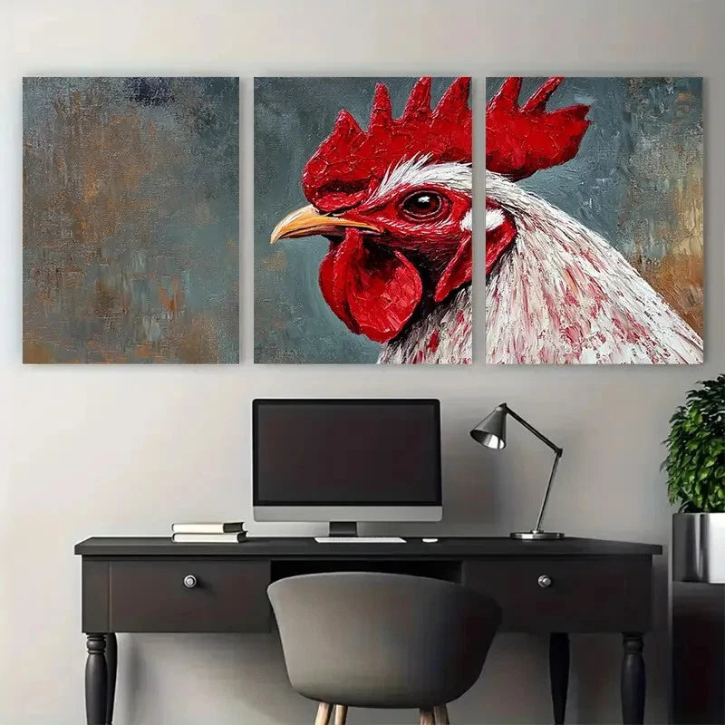 3pcs Rooster Painting Farm Animal Design Wall Art Set Canvas Framed 60x90cm - High Quality Print 100% Australian Made Wall Canvas Ready to Hang