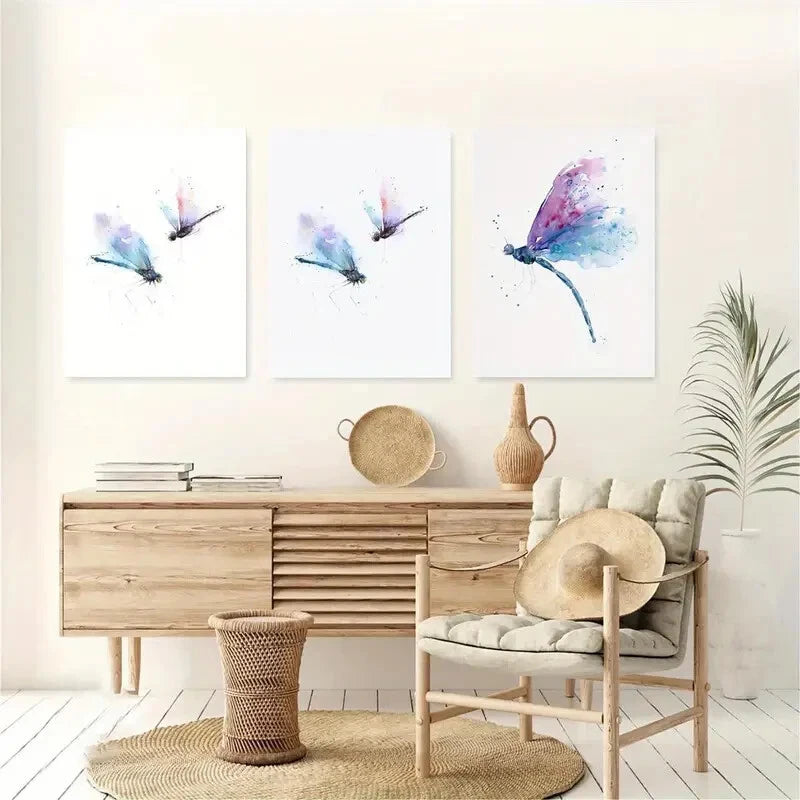 3pcs Artistic Ink Dragonfly Watercolor Metal Print Ready to Hang Art