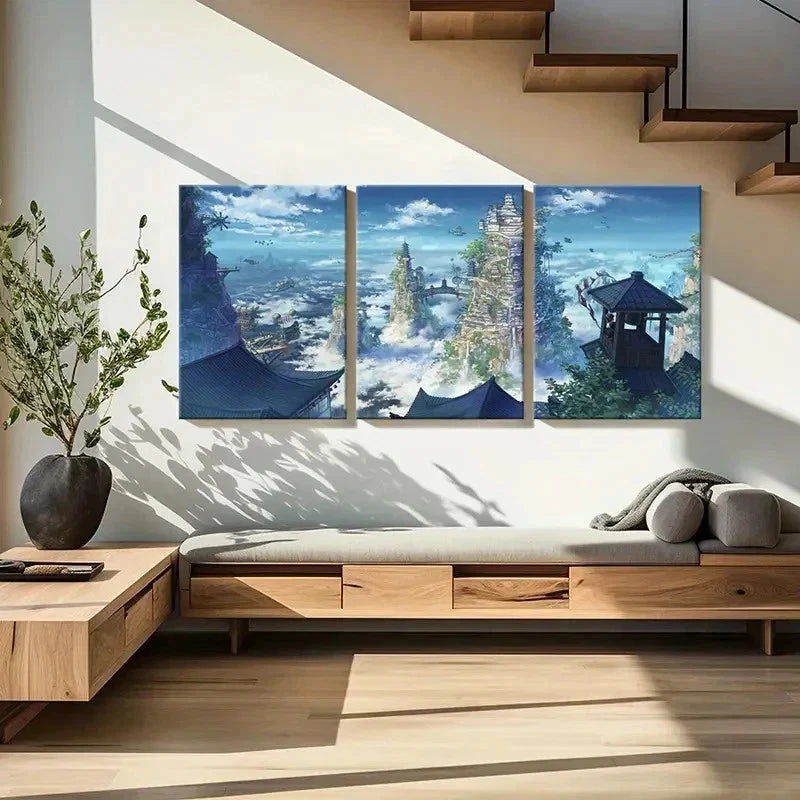 3pcs Japanese Anime Landscape Game Scene Wall Art Set Canvas Framed 40x60cm - High Quality Print 100% Australian Made Wall Canvas Ready to Hang