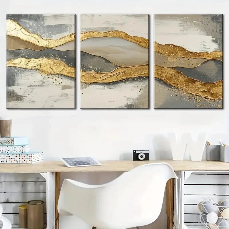 3pcs Featuring Luxurious Golden Abstract Perfect Wall Art Set Canvas Framed 40x60cm - High Quality Print 100% Australian Made Wall Canvas Ready to Hang
