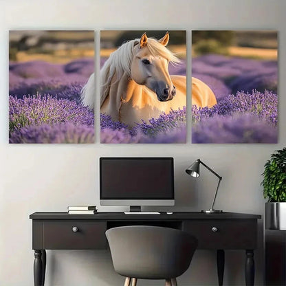 3pcs Serene Palomino Horse in Lavender Field Wall Art Set Canvas Framed 60x90cm - High Quality Print 100% Australian Made Wall Canvas Ready to Hang