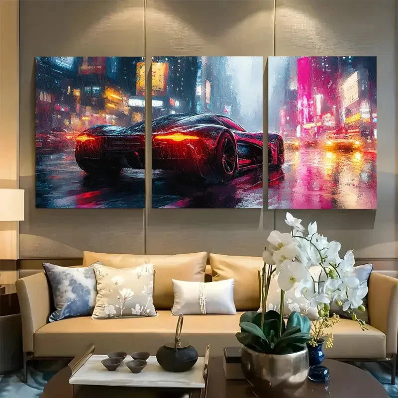 3pcs Neon Cyberpunk Futuristic Car Design Metal Print Ready to Hang Art