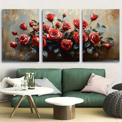 3pcs Elegant Red Rose Bouquet Metal Print Ready to Hang Art