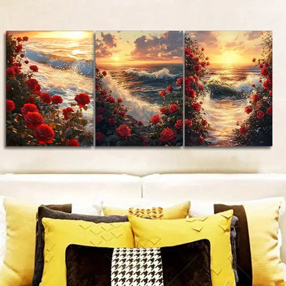 3pcs Sunset Seascape with Red Roses Metal Print Ready to Hang Art