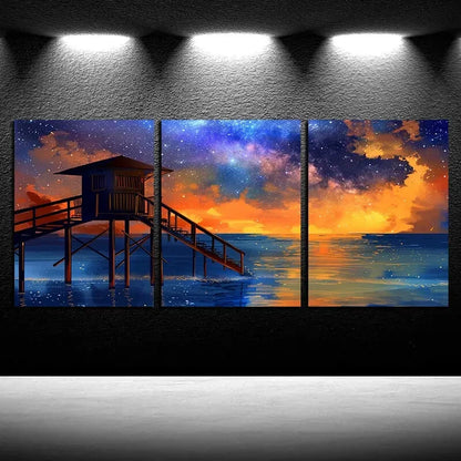 3pcs Beach with Wooden house illustration Metal Print Ready to Hang Art