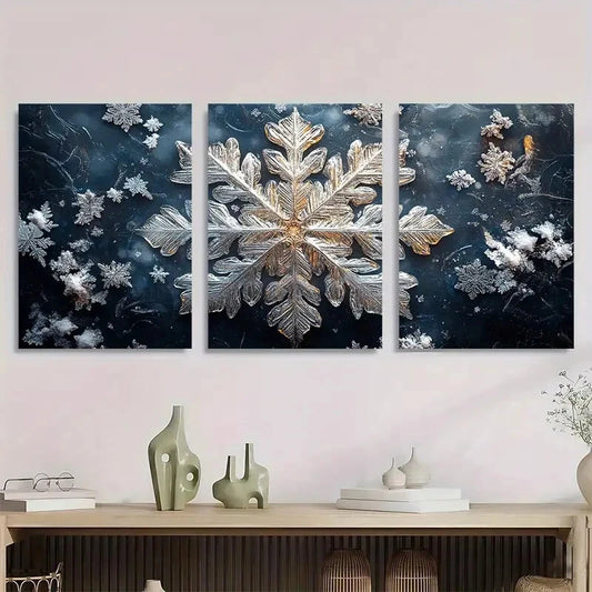 3pcs Shiny Silver Snowflake White Metal Print Ready to Hang Art