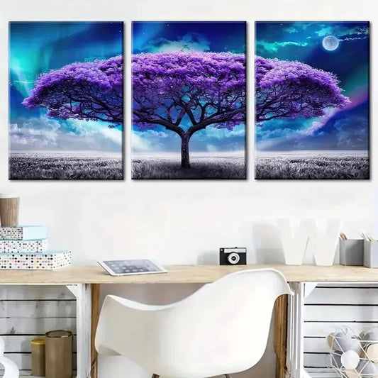 3pcs Purple Tree Of Life Under Starry Sky Metal Print Ready to Hang Art