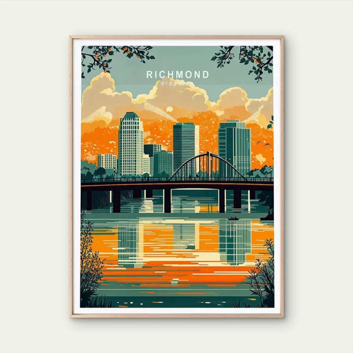 Richmond Virginia City Skyline River Bridge Travel Poster Print Wall Art