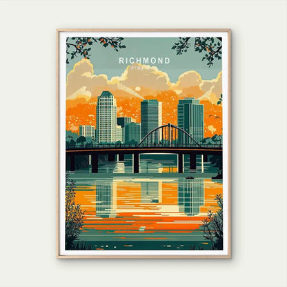 Richmond Virginia City Skyline River Bridge Travel Poster Print Wall Art
