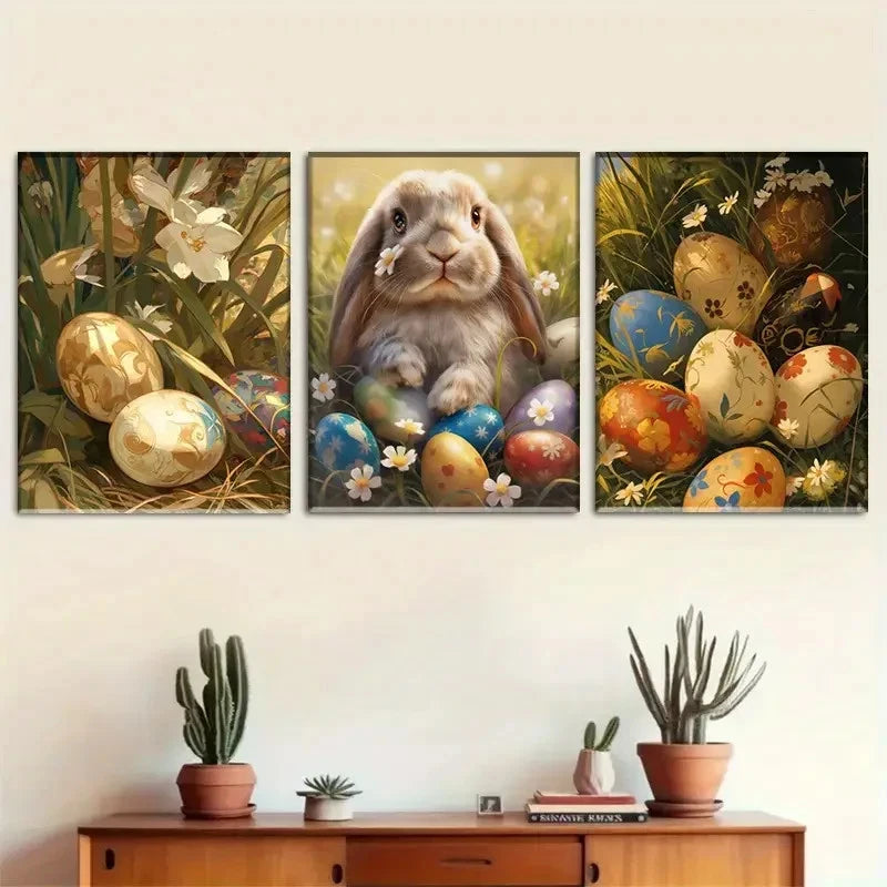 3pcs Easter Bunny and Egg Wall Art Set Metal Print Ready to Hang Art