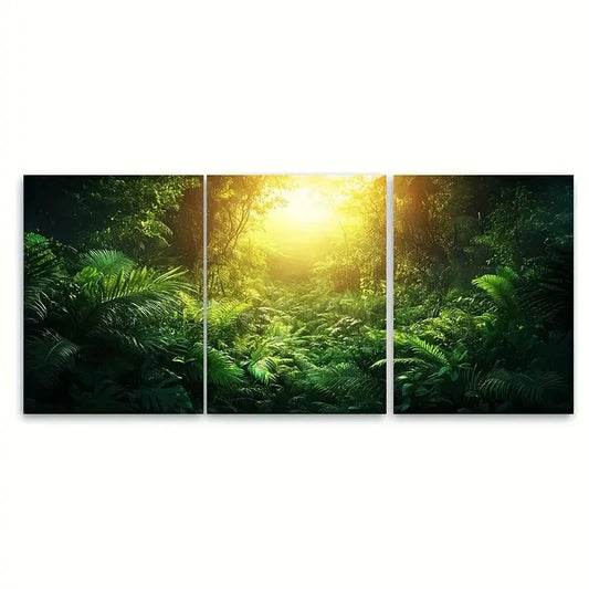 3pcs Lush Green Nature with Sunlit Canopy Metal Print Ready to Hang Art