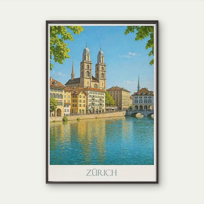 Zürich Switzerland Grossmünster Cityscape River Travel Poster Print Wall Art