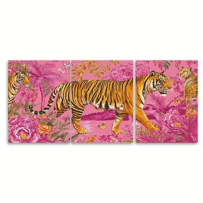 3pcs Pink Orange Retro Tiger Print Metal Print Ready to Hang Art