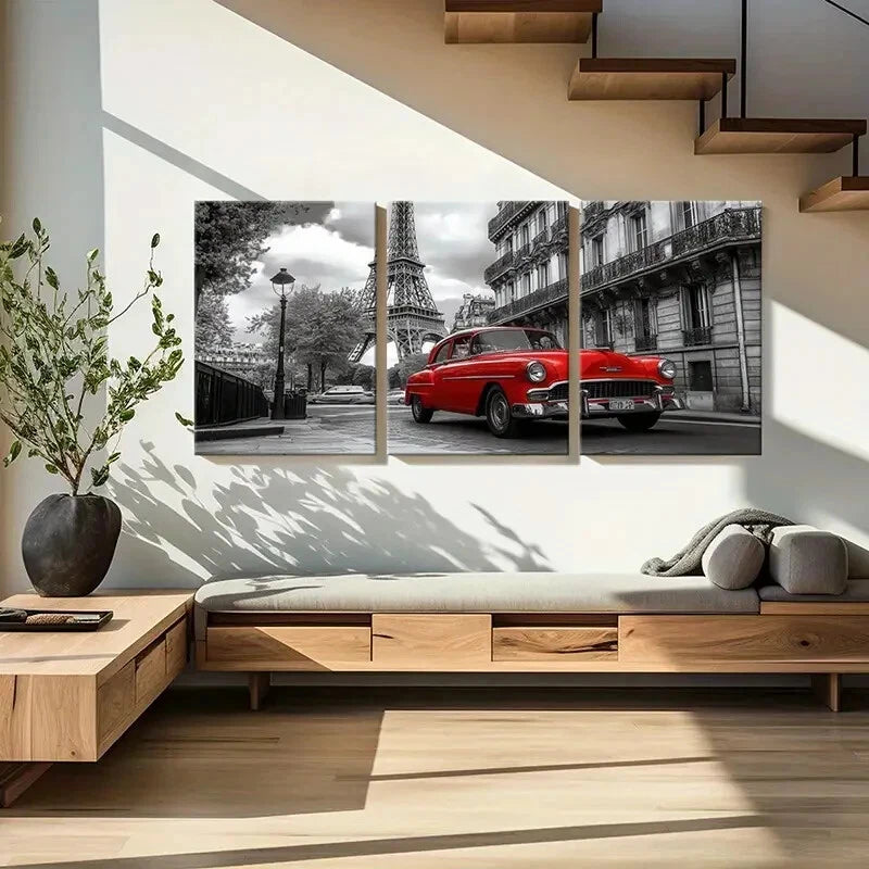 3pcs Eiffel Tower Red Car Paris Street Metal Print Ready to Hang Art