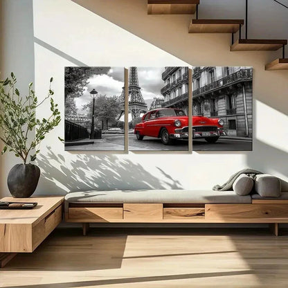 3pcs Eiffel Tower Red Car Paris Street Metal Print Ready to Hang Art