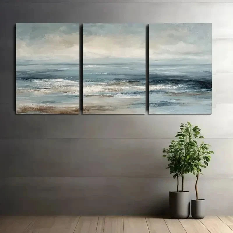 3pcs Muted Ocean Oil Painting Poster Metal Print Ready to Hang Art