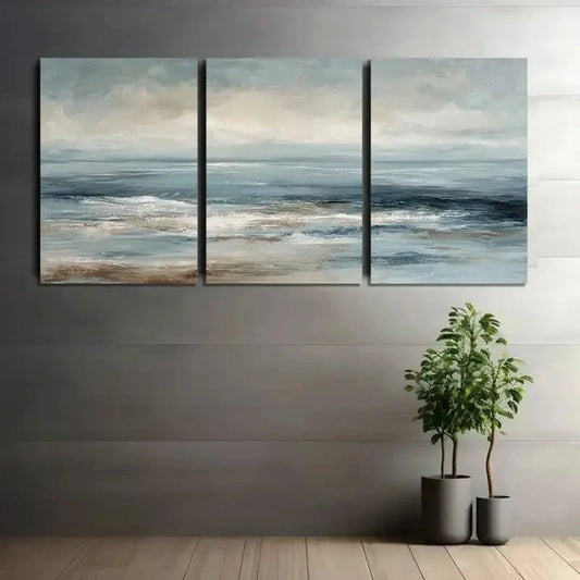 3pcs Muted Ocean Oil Painting Poster Metal Print Ready to Hang Art