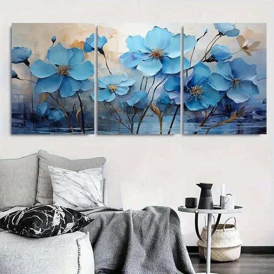 3pcs Blue Flowers and Golden Accents Metal Print Ready to Hang Art