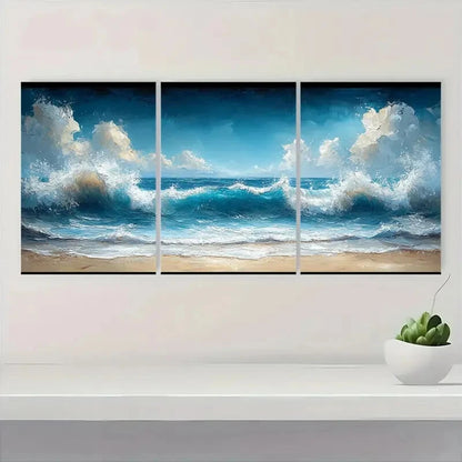 3pcs Coastline Ocean Waves & Beach Scenery Metal Print Ready to Hang Art