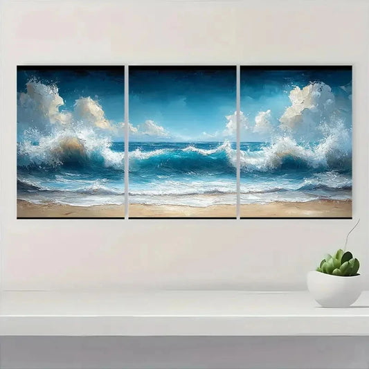 3pcs Coastline Ocean Waves & Beach Scenery Metal Print Ready to Hang Art