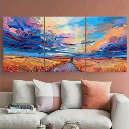 3pcs Dramatic Sky over a Road in Wheat Field Metal Print Ready to Hang Art
