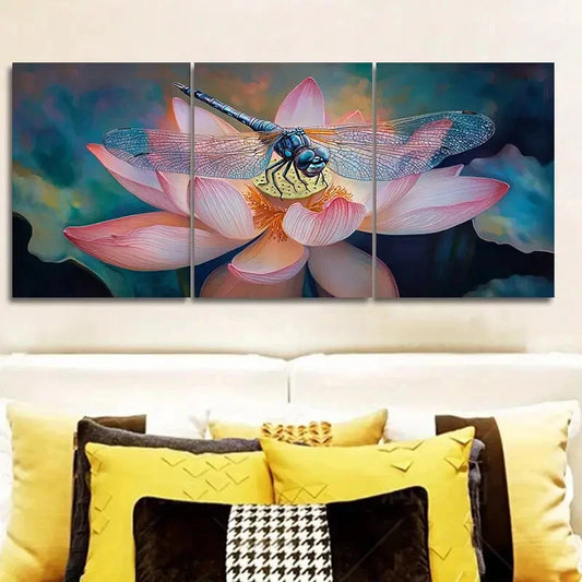 3pcs Dragonflies on for Lotus Flowers Metal Print Ready to Hang Art