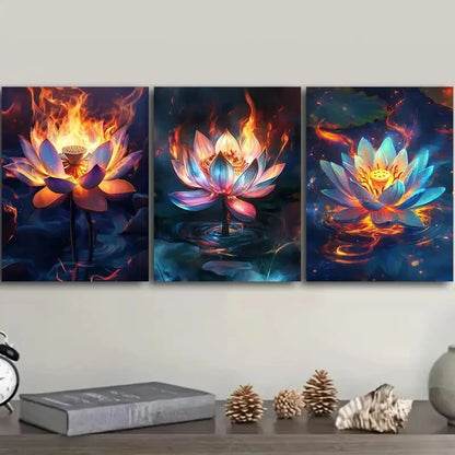 3pcs Illuminated for Lotus Flower Design Metal Print Ready to Hang Art