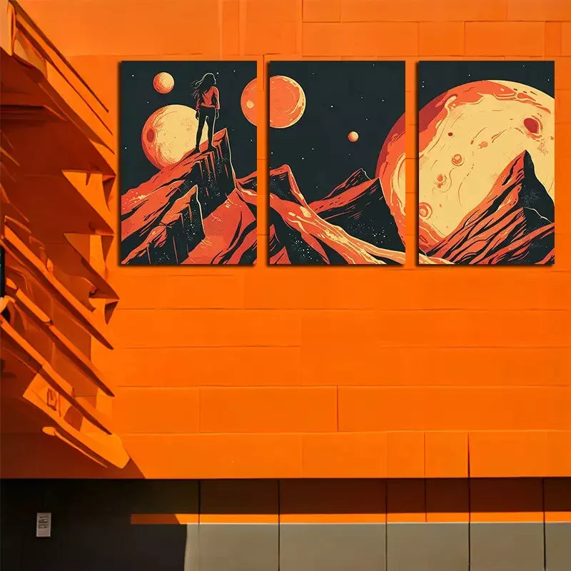 3pcs  Woman Over Jagged Mountains Under Planets Wall Art Set Canvas Framed 50x70cm -  High Quality Print 100% Australian Made Wall Canvas Ready to Hang - Bella Home Decor