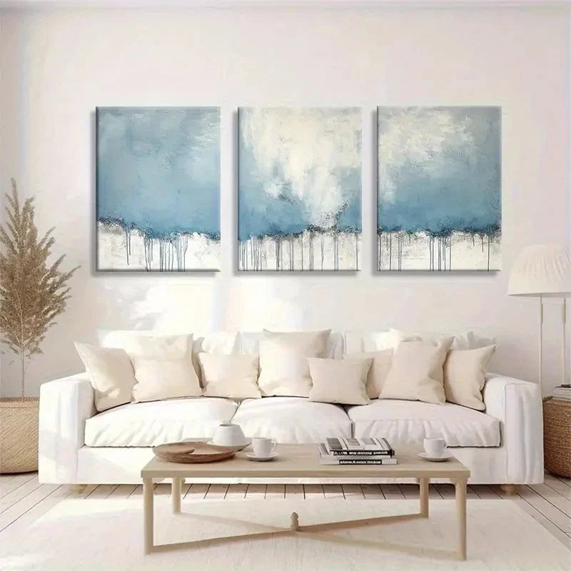 3pcs Serene Blue Abstract Art with Drip Effect Metal Print Ready to Hang Art
