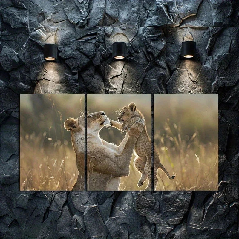 3pcs Lioness and Cub Wildlife Metal Print Ready to Hang Art
