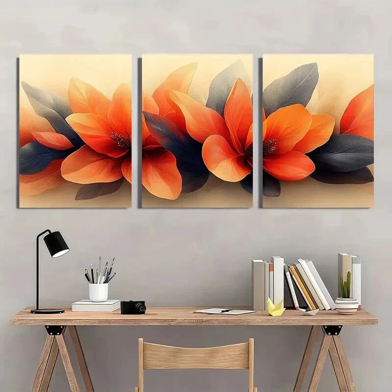 3pcs Vibrant Orange Abstract Floral Metal Print Ready to Hang Art