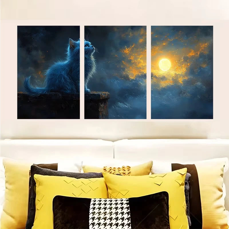 3pcs Mystical Russian Blue Cat & Moonlit Sky Metal Print Ready to Hang Art