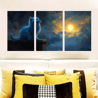 3pcs Mystical Russian Blue Cat & Moonlit Sky Metal Print Ready to Hang Art