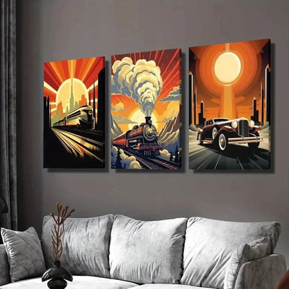 3pcs Steam Age & Industrial Cars & Trains Wall Art Set Canvas Framed 40x60cm - High Quality Print 100% Australian Made Wall Canvas Ready to Hang