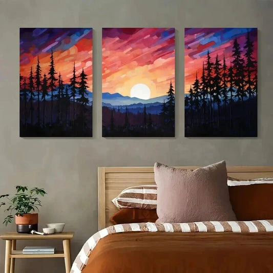 3pcs Sunset Through Colorful Mountain Landscape Wall Art Set Canvas Framed 40x60cm - High Quality Print 100% Australian Made Wall Canvas Ready to Hang