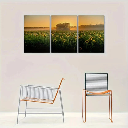 3pcs Sunflower Field Sunset Painting Metal Print Ready to Hang Art