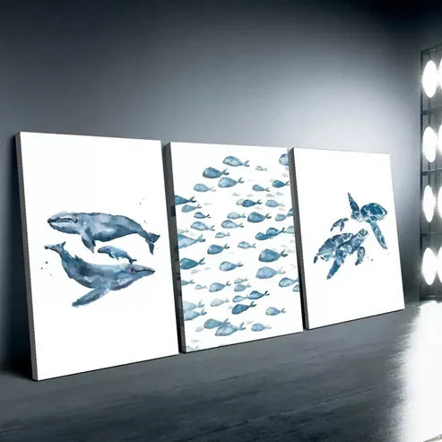 3pcs Water Color Painting Of Whale, Turtle & Fishes Canvas Framed 60x90cm - High Quality Print 100% Australian Made Wall Canvas Ready to Hang