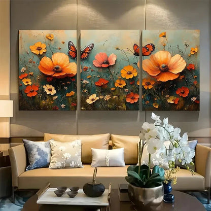 3pcs Vibrant Butterfly Wildflower Meadow Metal Print Ready to Hang Art