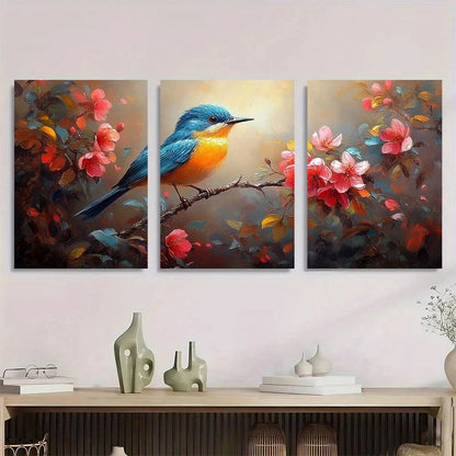 3pcs Bird Painting Mosaic Colourful Florals Metal Print Ready to Hang Art