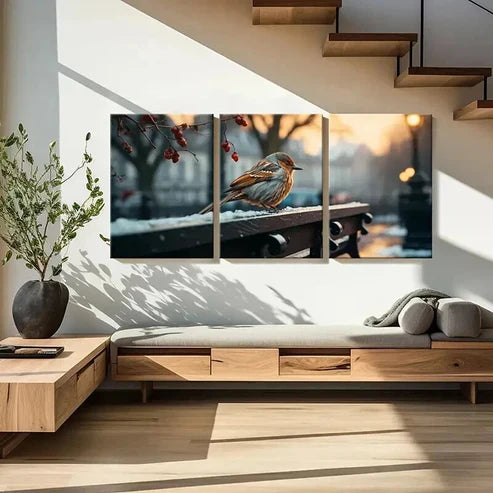 3pcs Birds Sparrows on a Street Painting Wall Art Set Canvas Unframed - High Quality Print 100% Australian Made Wall Canvas
