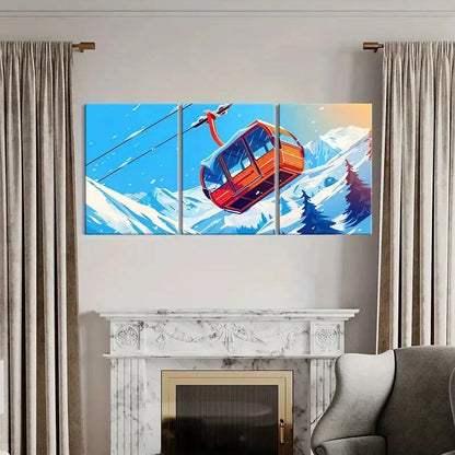 3pcs Snowy Mountains Cable Car Winter Landscape Metal Print Ready to Hang Art
