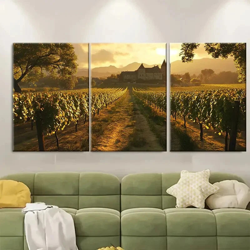 3pcs Rendering of Burgundy Vineyards Golden Metal Print Ready to Hang Art