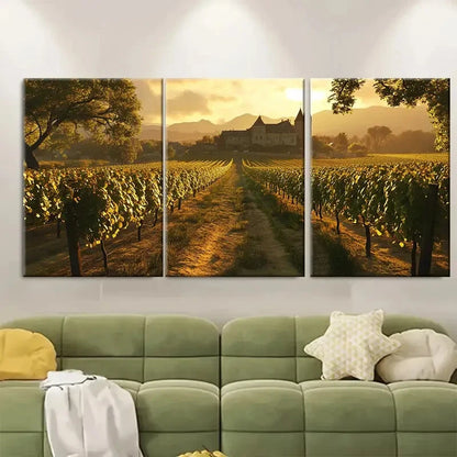 3pcs Rendering of Burgundy Vineyards Golden Metal Print Ready to Hang Art