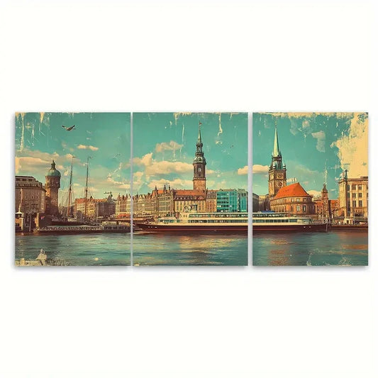 3pcs Hamburg Germany Travel Vintage Poster Metal Print Ready to Hang Art