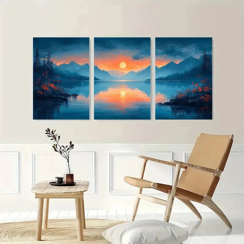 3pcs Vibrant Blue & Orange Nature Scenery Metal Print Ready to Hang Art