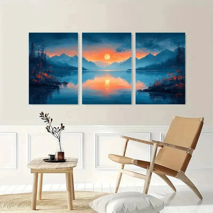 3pcs Vibrant Blue & Orange Nature Scenery Metal Print Ready to Hang Art