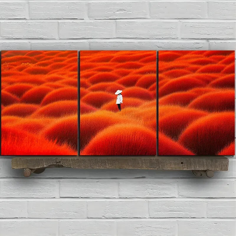 3pcs Person Wearing Hat Red Field Metal Print Ready to Hang Art