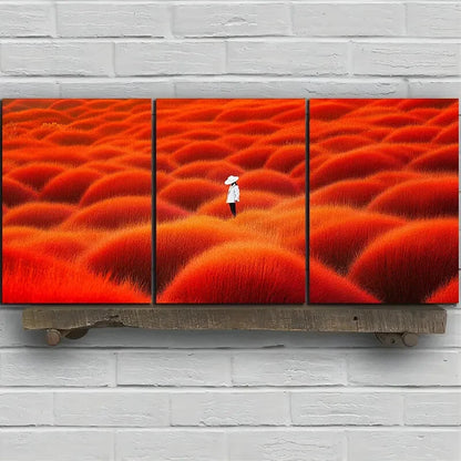 3pcs Person Wearing Hat Red Field Metal Print Ready to Hang Art