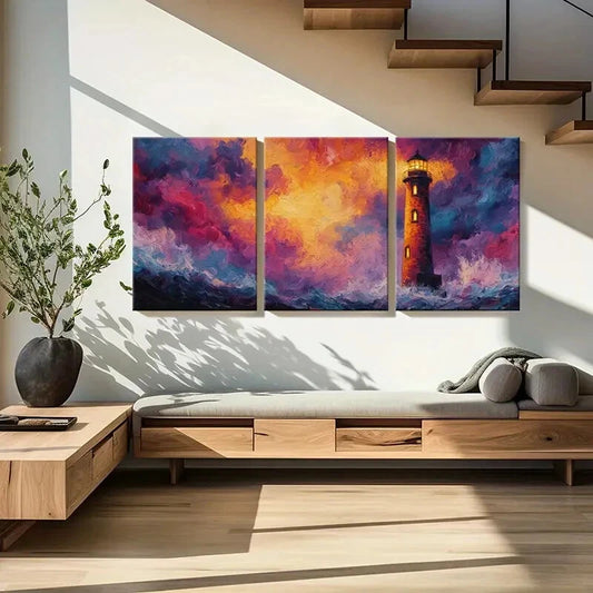 3pcs Lighthouse Sunset Ocean Waves Vibrant Colors Metal Print Ready to Hang Art