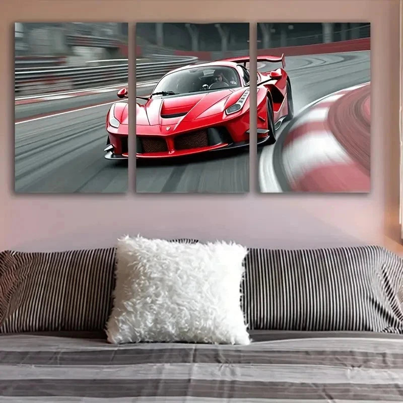 3pcs Red Sports Car Racing Track Scene Wall Art Set Canvas Framed 60x90cm - High Quality Print 100% Australian Made Wall Canvas Ready to Hang